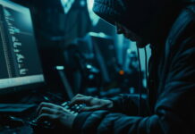 Closeup of a hacker working on a computer, dark environment, emphasizing code and security breach, cybernetic tone, Monochromatic Color Scheme