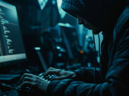 Closeup of a hacker working on a computer, dark environment, emphasizing code and security breach, cybernetic tone, Monochromatic Color Scheme