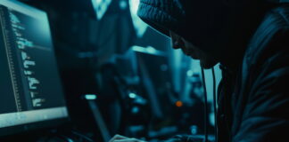 Closeup of a hacker working on a computer, dark environment, emphasizing code and security breach, cybernetic tone, Monochromatic Color Scheme